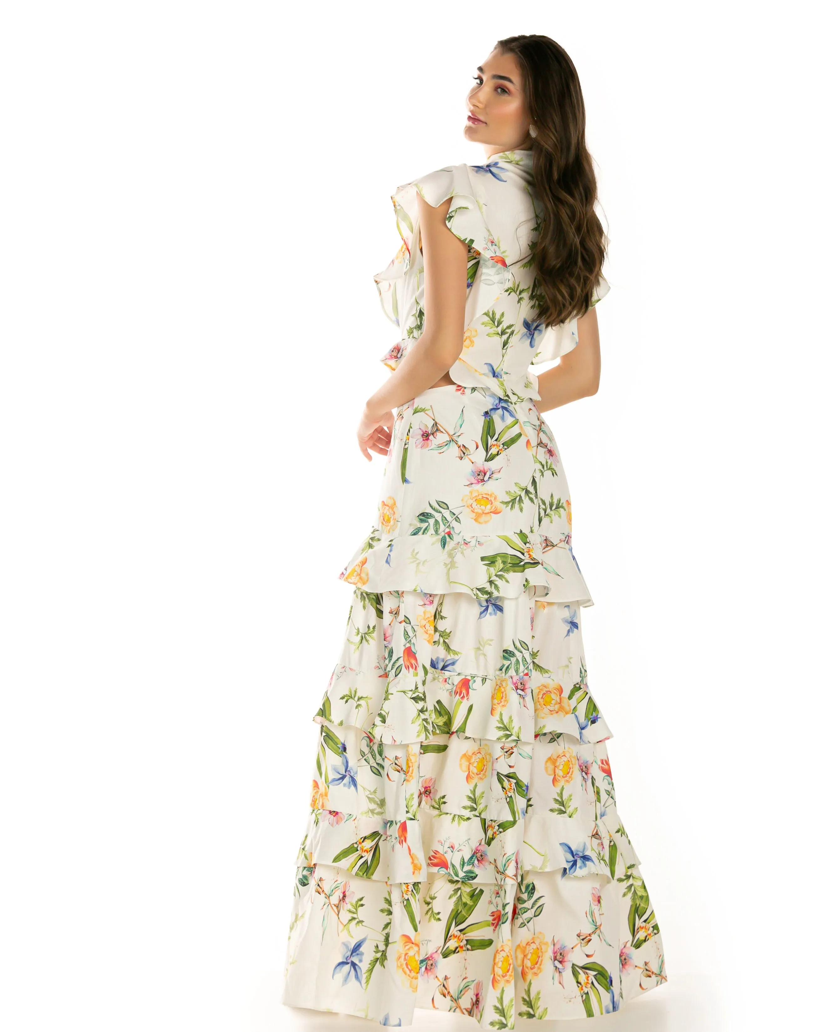 VESTIDO ANNE FERNANDES NP5068 LONGO BABADOS FLORAL