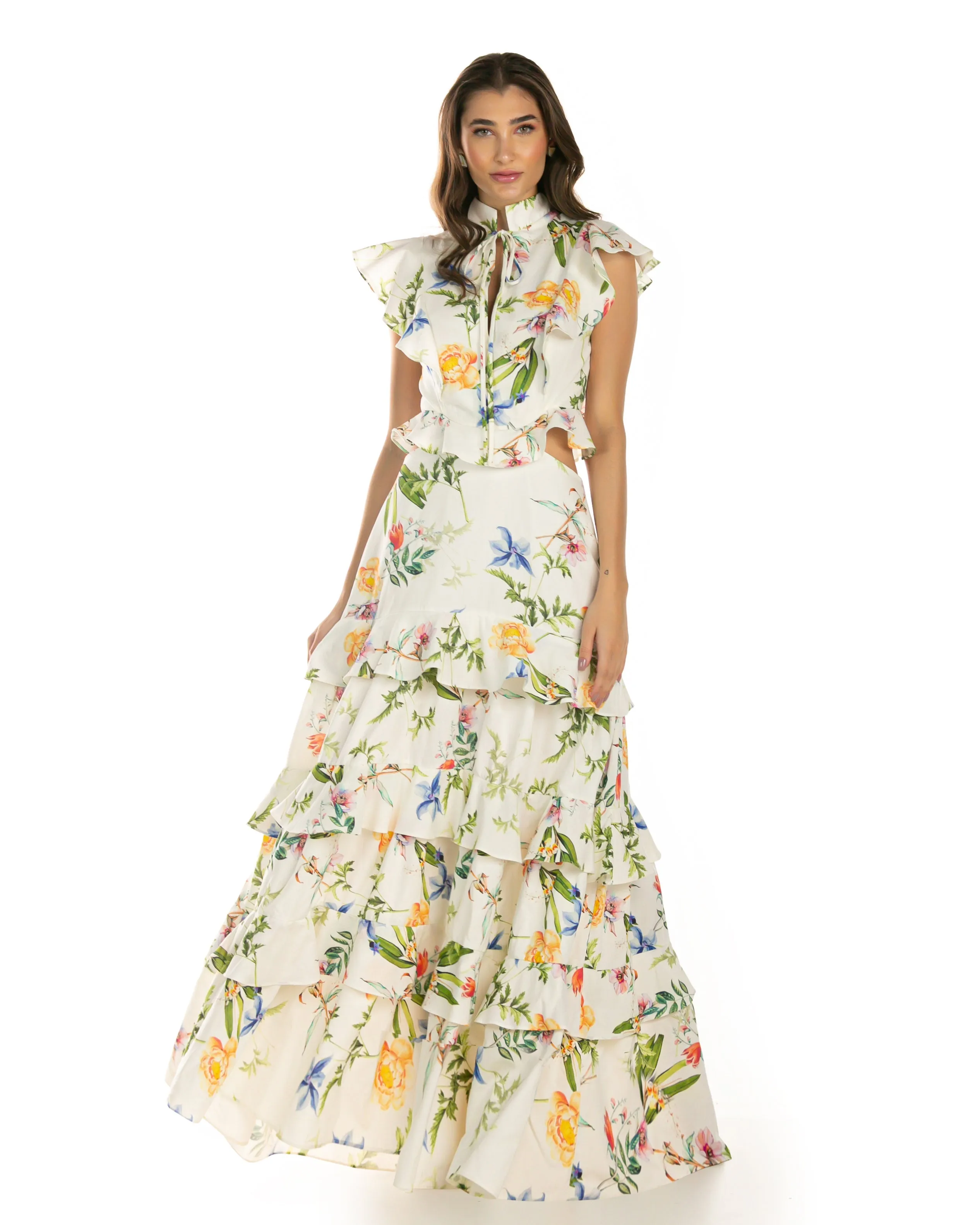 VESTIDO ANNE FERNANDES NP5068 LONGO BABADOS FLORAL