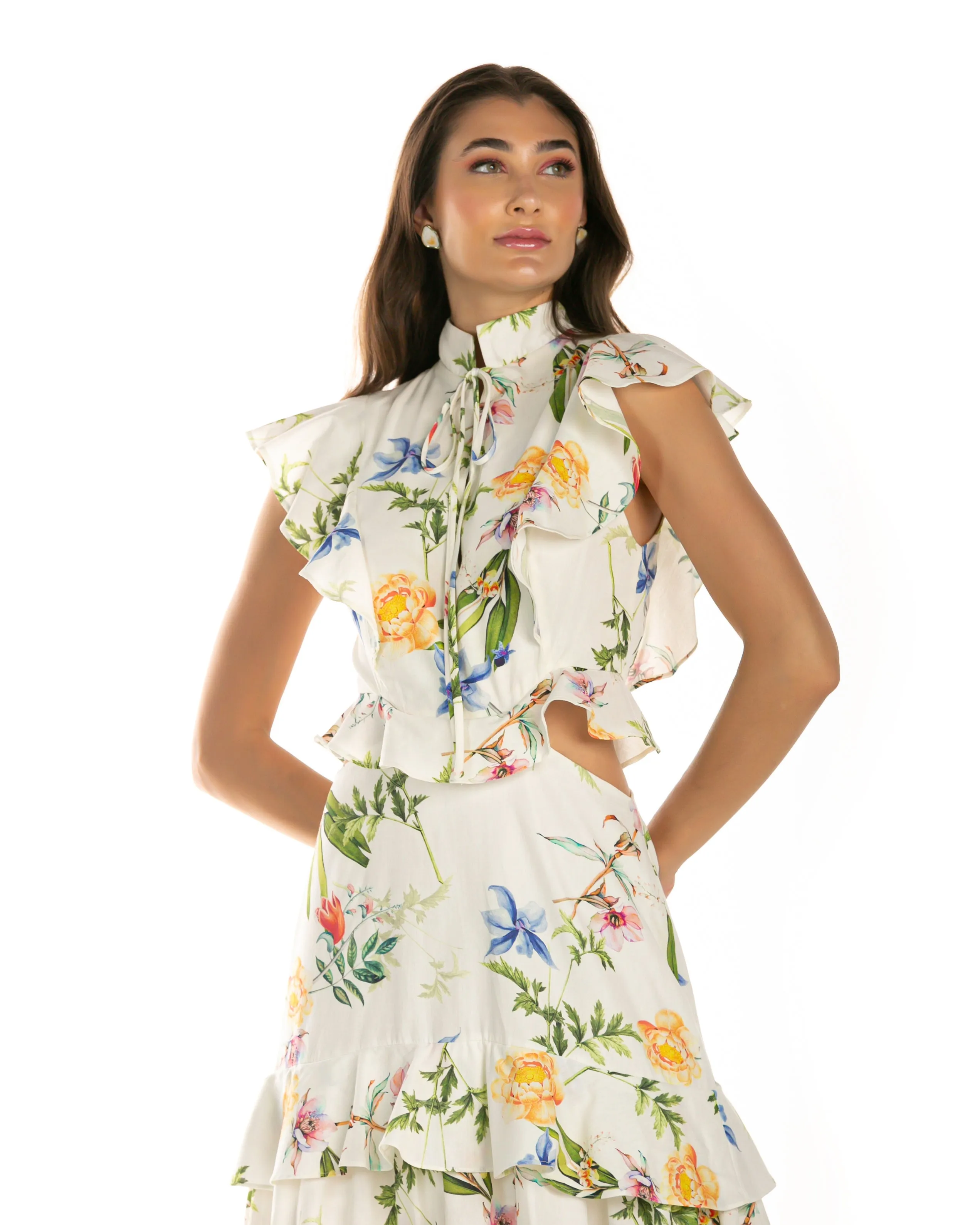 VESTIDO ANNE FERNANDES NP5068 LONGO BABADOS FLORAL