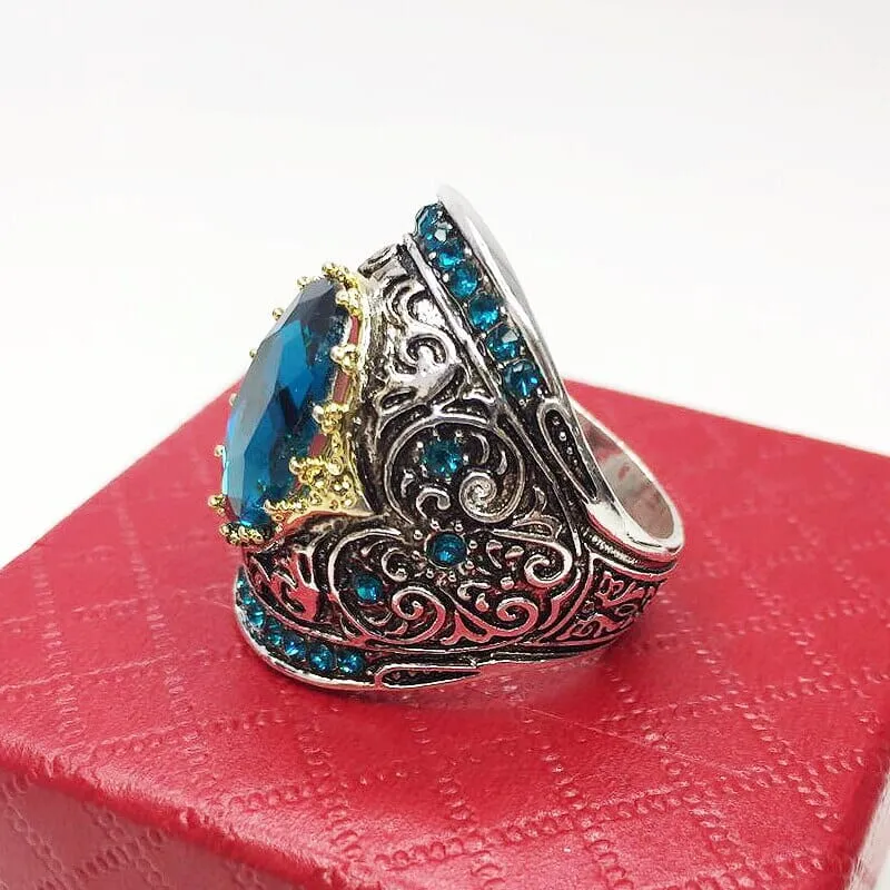 Vintage Geometric Oval Sapphire Silver Ring