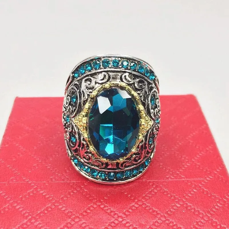 Vintage Geometric Oval Sapphire Silver Ring