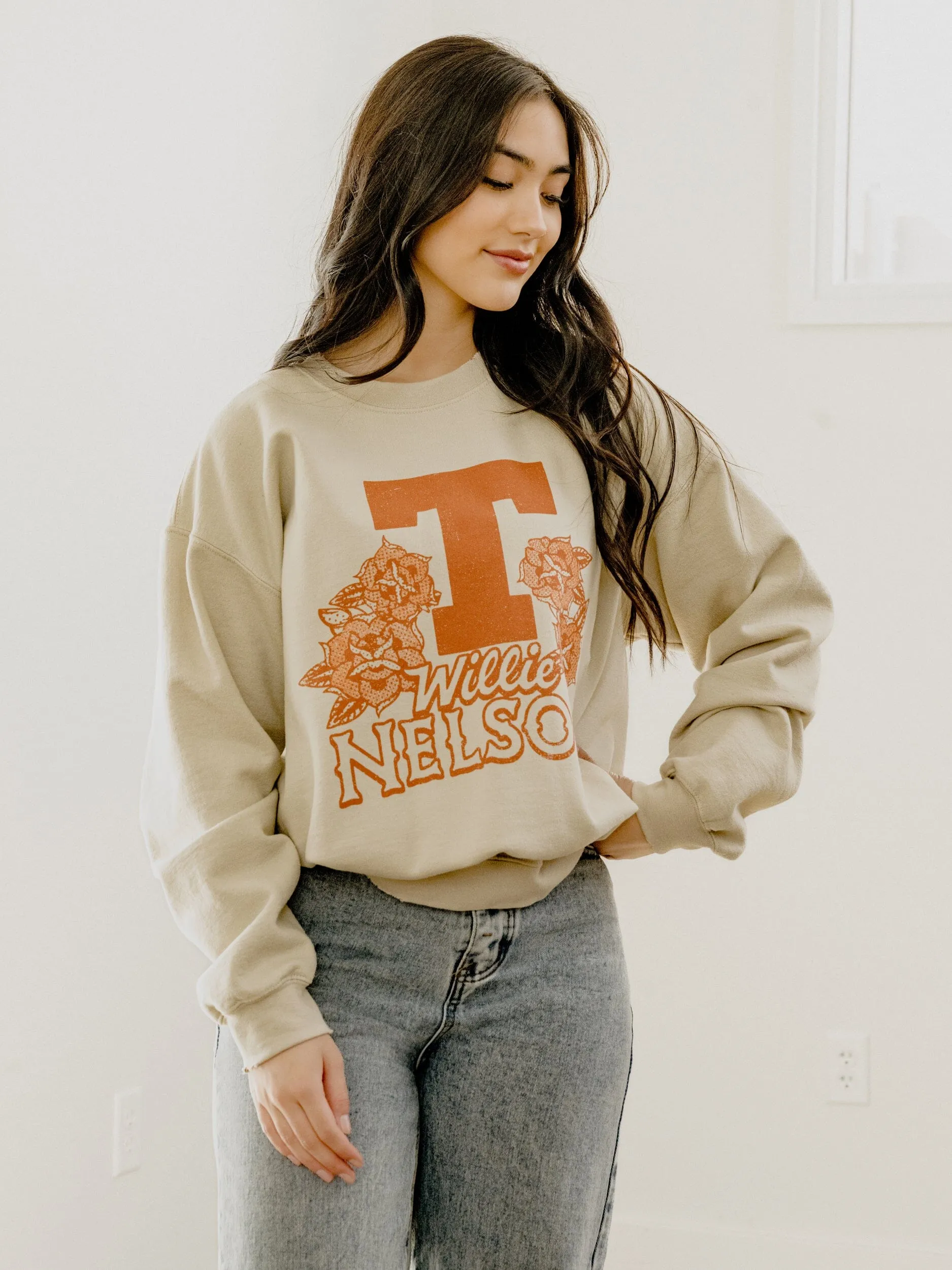 Willie Nelson UT Flowers Sand Thrifted Sweatshirt